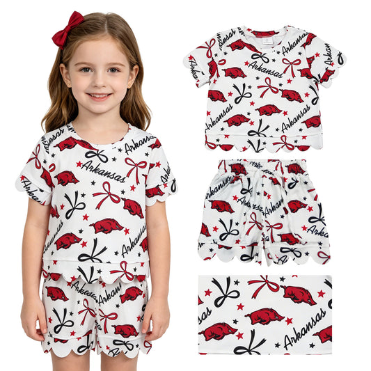GSSO3254 Go Team arkansas Wild Boar Star Red and Black Bow White Ruffle Short Sleeve Shorts Girls Sets 202605 RTS
