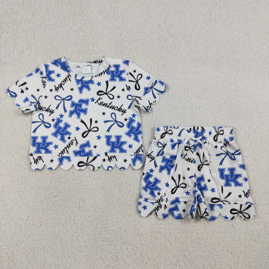 GSSO3255 Go Team Kentucky UK Letter Star Blue Black Bow White Ruffle Short Sleeve Shorts Girls Sets 202603 RTS