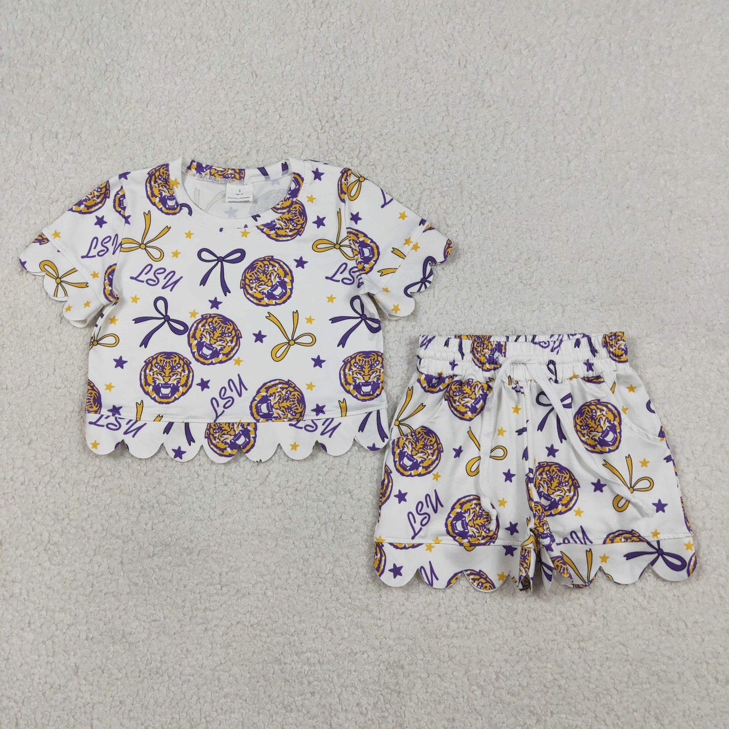 GSSO3256 Go Team LSU Letter Tiger Star Yellow Purple Bow White Ruffle Short Sleeve Shorts Girls Sets 202603 RTS