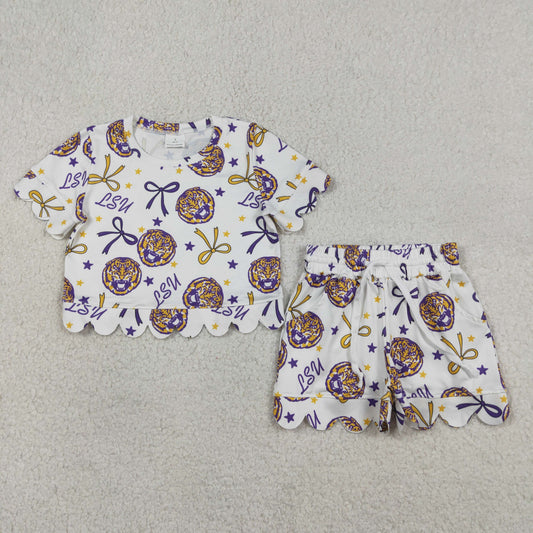 GSSO3256 Go Team LSU Letter Tiger Star Yellow Purple Bow White Ruffle Short Sleeve Shorts Girls Sets 202603 RTS