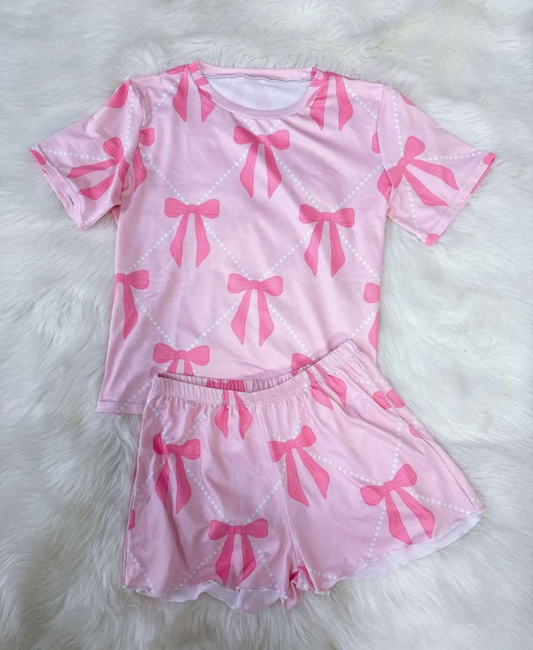 MOQ 5 PCS Preorder GSSO3257 Bow Pearl Plaid Pink Short Sleeve Shorts Girls Sets 202601