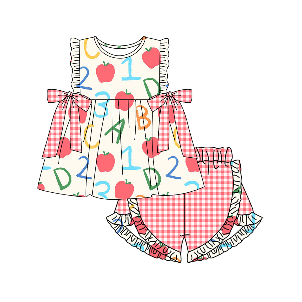 MOQ 5 PCS Preorder GSSO3258 Back to School Apple Letter Red Plaid Bows Sleeveless Shorts Girls Sets 202601
