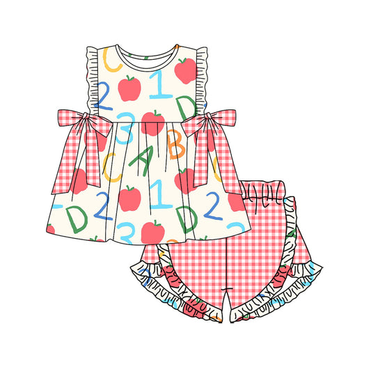 MOQ 5 PCS Preorder GSSO3258 Back to School Apple Letter Red Plaid Bows Sleeveless Shorts Girls Sets 202601
