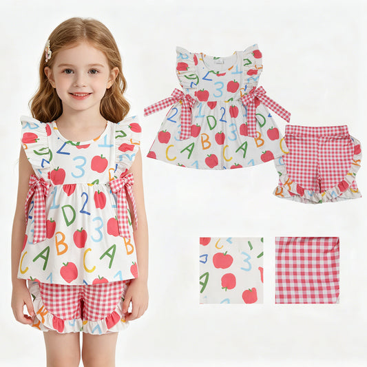 GSSO3258 Back to School Apple Letter Red Plaid Bows Sleeveless Shorts Girls Sets 202604 RTS