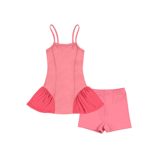 MOQ 5 preorder GSSO3260 Coral Red Patchwork Sleeveless Top with Shorts Girls Yoga Sets 202601