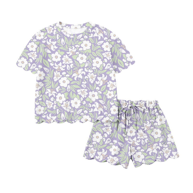 MOQ 5 PCS Preorder GSSO3265 Flower Leaf Ruffle Purple Short Sleeve Shorts Girls Sets 202601