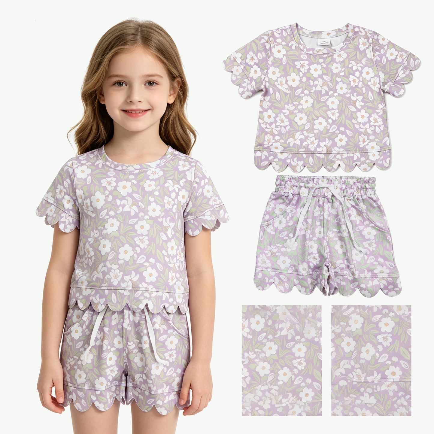 GSSO3265 Flower Leaf Ruffle Purple Short Sleeve Shorts Girls Sets 202605 RTS