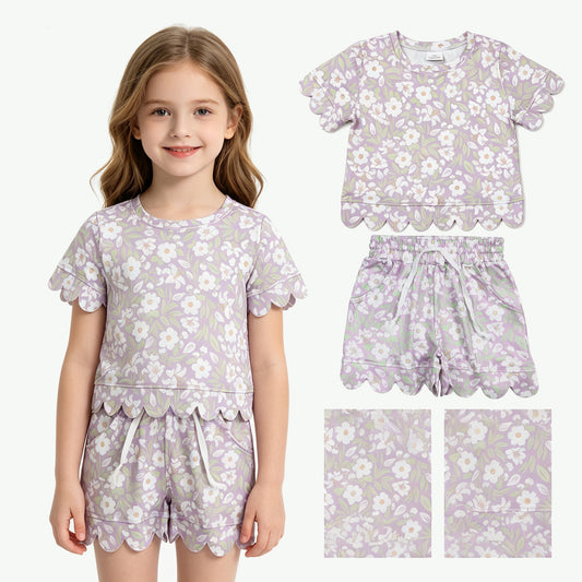 GSSO3265 Flower Leaf Ruffle Purple Short Sleeve Shorts Girls Sets 202605 RTS