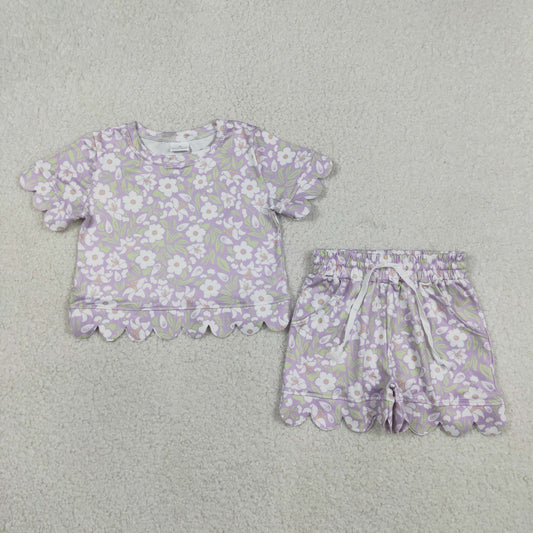 GSSO3265 Flower Leaf Ruffle Purple Short Sleeve Shorts Girls Sets 202605 RTS