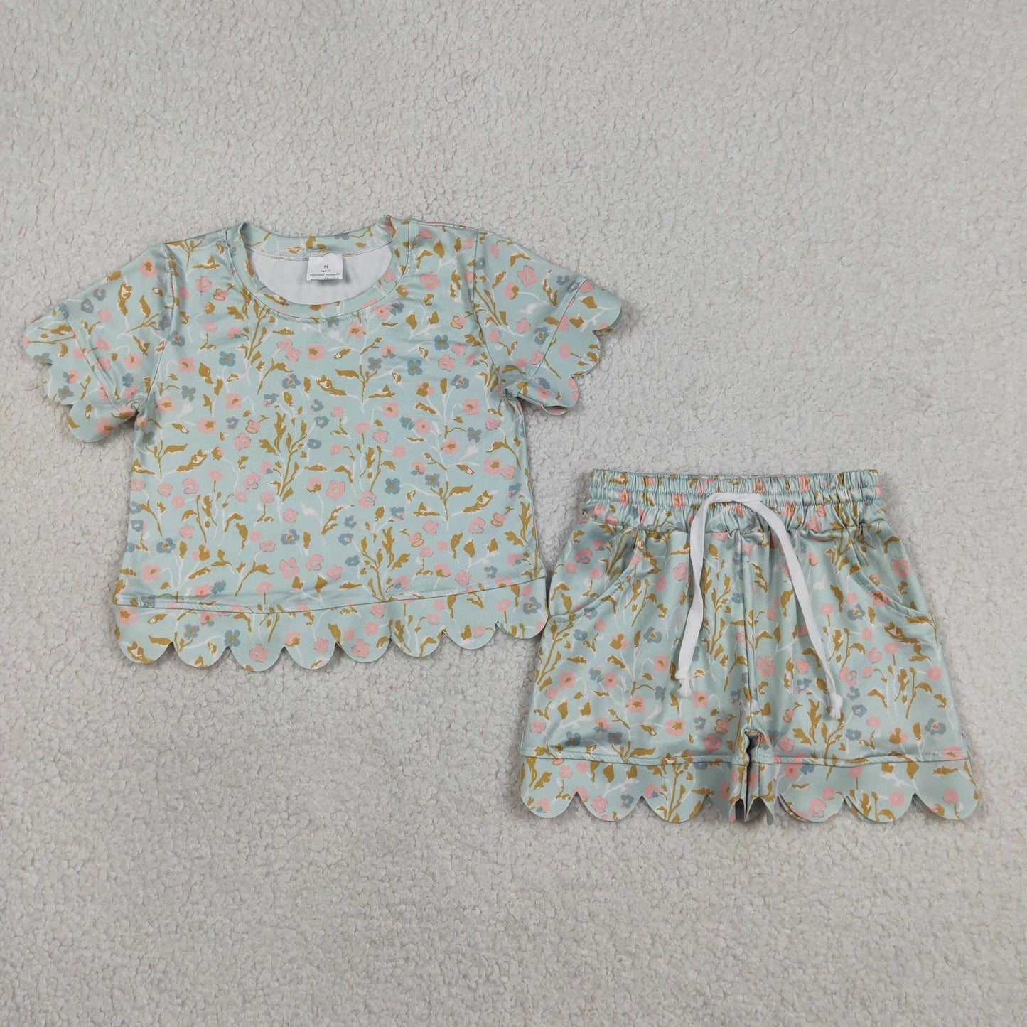GSSO3266 Flower Leaf Ruffle Pea Green Short Sleeve Shorts Girls Sets 202604 RTS