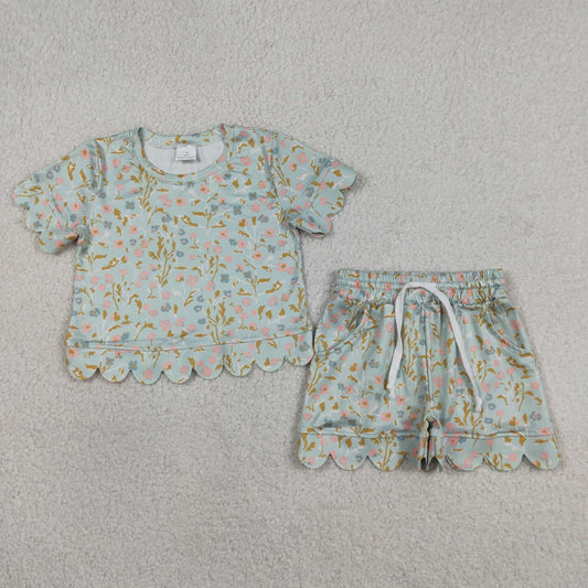 GSSO3266 Flower Leaf Ruffle Pea Green Short Sleeve Shorts Girls Sets 202604 RTS