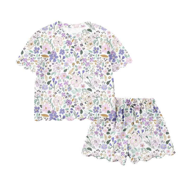 MOQ 5 PCS Preorder GSSO3267 Pink Purple Flower Leaf Ruffle White Short Sleeve Shorts Girls Sets 202601