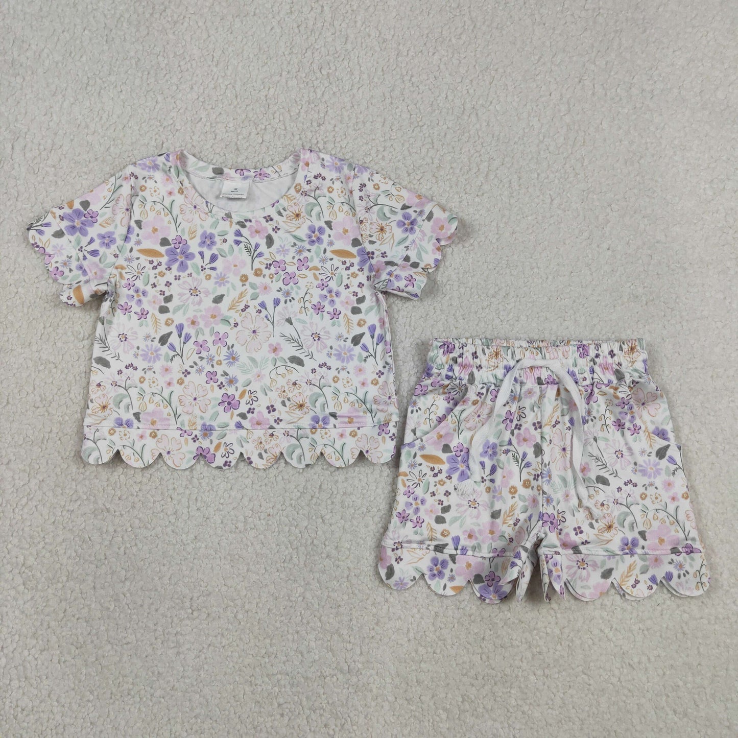 GSSO3267 Pink Purple Flower Leaf Ruffle White Short Sleeve Shorts Girls Sets 202604 RTS