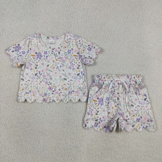 GSSO3267 Pink Purple Flower Leaf Ruffle White Short Sleeve Shorts Girls Sets 202604 RTS