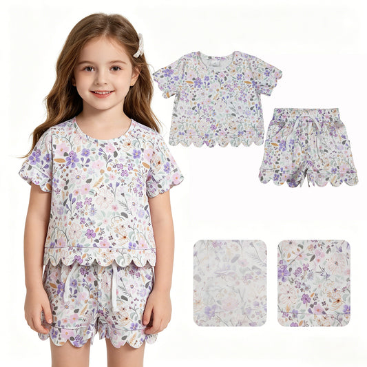 GSSO3267 Pink Purple Flower Leaf Ruffle White Short Sleeve Shorts Girls Sets 202604 RTS