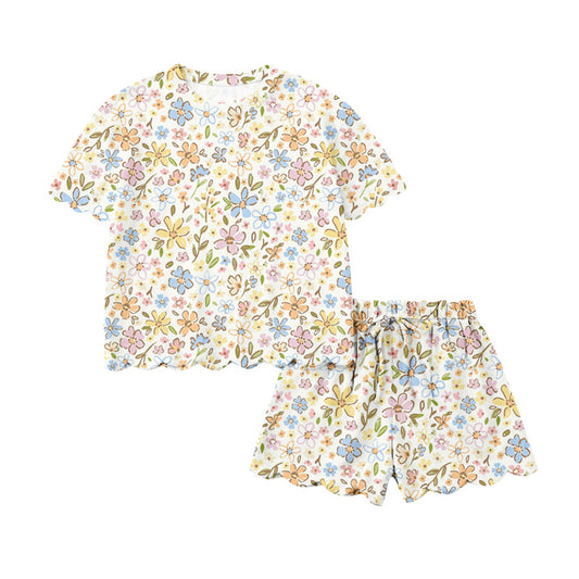 MOQ 5 PCS Preorder GSSO3268 Yellow Blue Pink Flower Leaf Ruffle Short Sleeve Shorts Girls Sets 202601