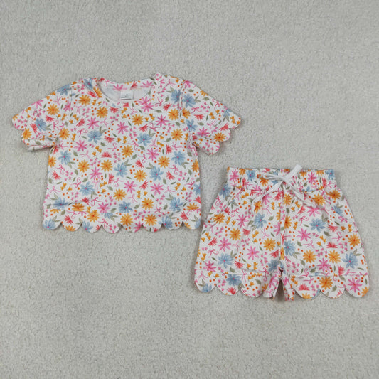 GSSO3269 Colored Flower Pink Bows Ruffle Short Sleeve Shorts Girls Sets 202604 RTS