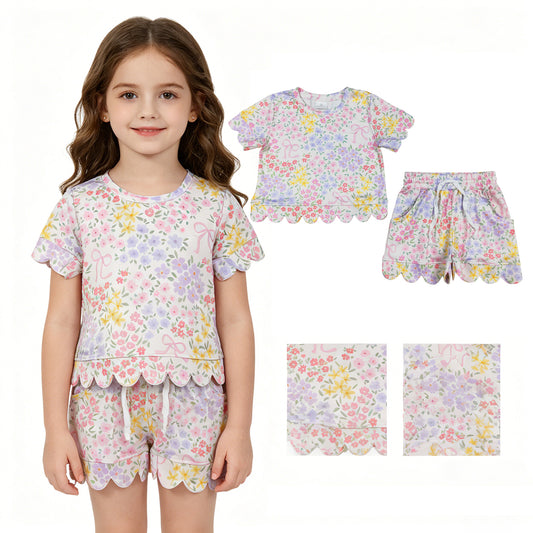 GSSO3270 Colored Flower Pink Bows Ruffle Short Sleeve Shorts Girls Sets 202604 RTS
