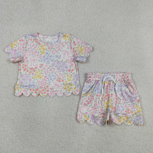 GSSO3270 Colored Flower Pink Bows Ruffle Short Sleeve Shorts Girls Sets 202604 RTS
