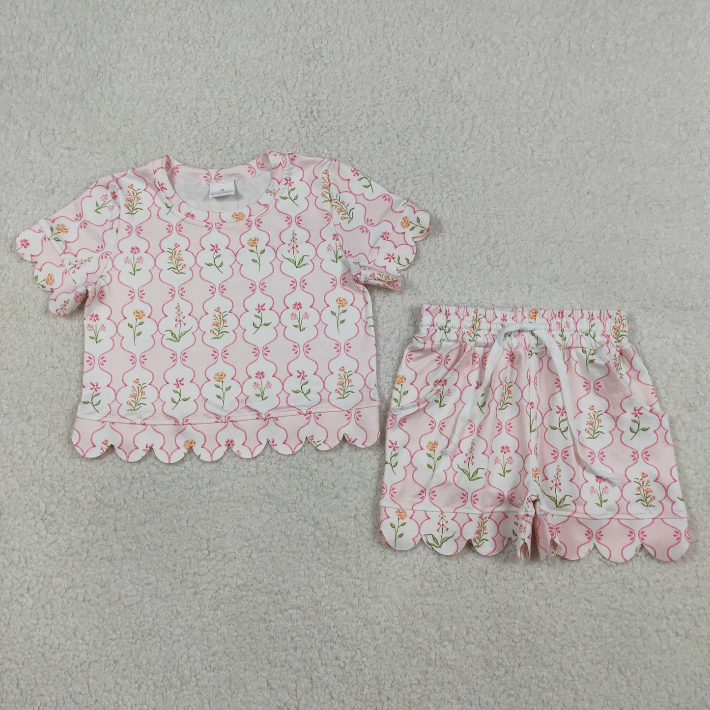 GSSO3271 Flower Pink White Ruffle Short Sleeve Shorts Girls Sets 202603 RTS