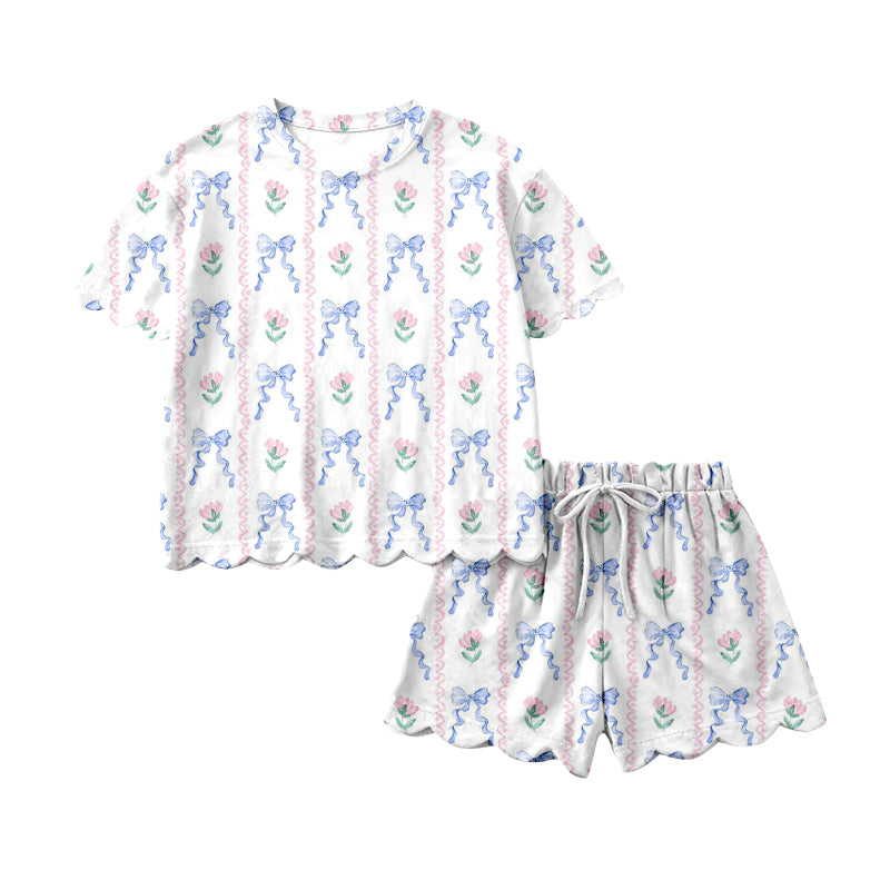 MOQ 5 PCS Preorder GSSO3272 Flower Blue Bows Ruffle Short Sleeve Shorts Girls Sets 202601