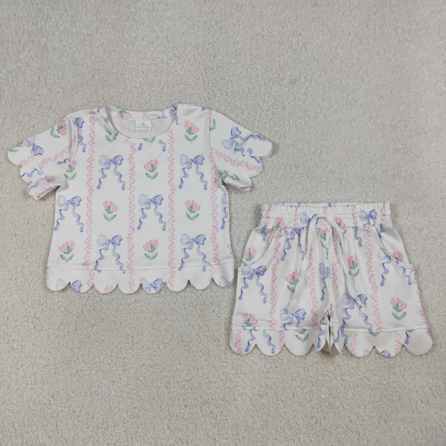 GSSO3272 Flower Blue Bows Ruffle Short Sleeve Shorts Girls Sets 202604 RTS