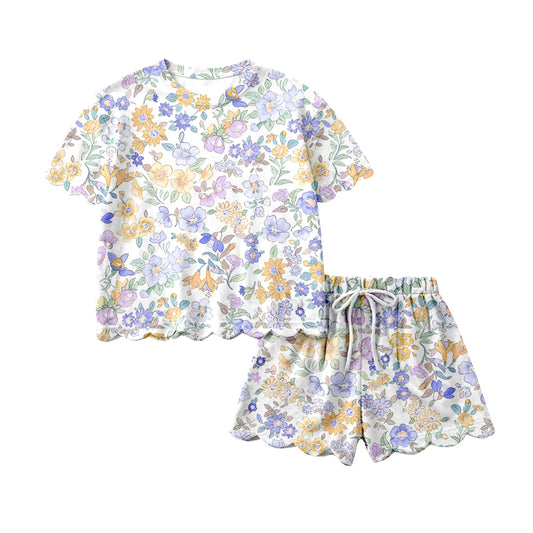MOQ 5 PCS Preorder GSSO3274 Yellow Blue Purple Flower Leaf Ruffle Short Sleeve Shorts Girls Sets 202601