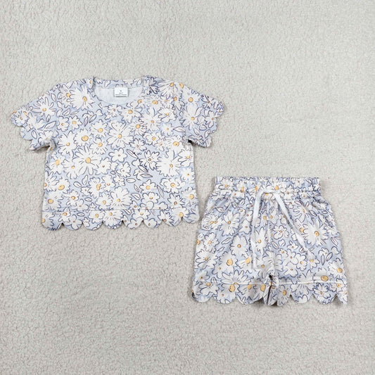 GSSO3275 Flower Light Blue Ruffle Short Sleeve Shorts Girls Sets 202606 RTS