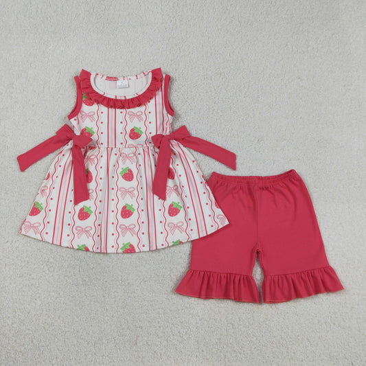 GSSO3276 Strawberry Pink Bows Dots Ruffle Sleeveless Shorts Girls Sets 202603 RTS