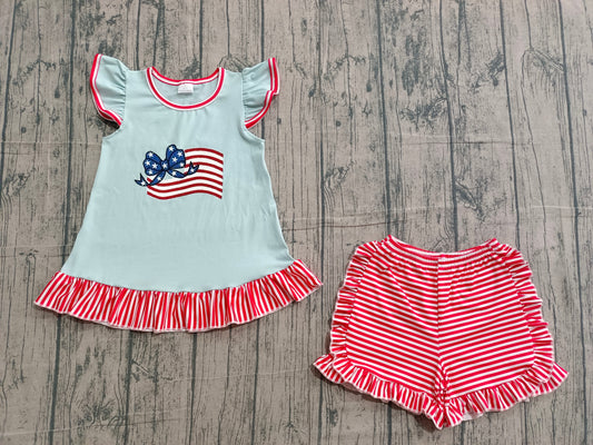 NO MOQ preorder GSSO3278 Embroidered 4th of July Flag Bow Red Stripe Ruffle Fly Sleeve Top Blue Stripe Ruffle Shorts Girls Sets 202602