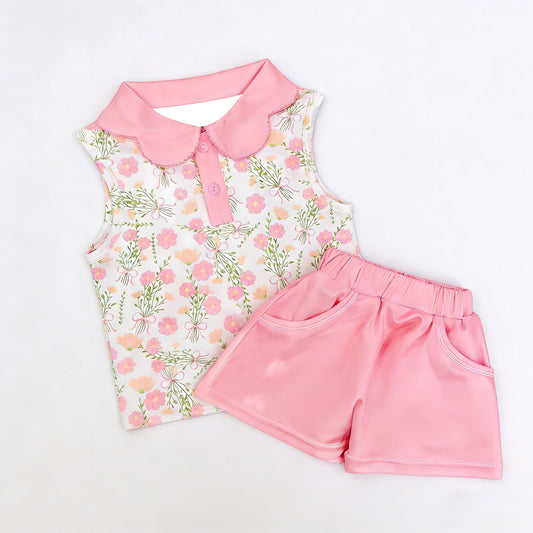 MOQ 5 PCS Preorder GSSO3279 Flower Leaf Bows Pink Polo Sleeveless Shorts Girls Sets 202601