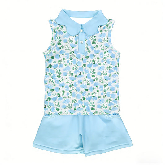 MOQ 5 PCS Preorder GSSO3280 Flower Leaf Blue Polo Sleeveless Shorts Girls Sets 202601