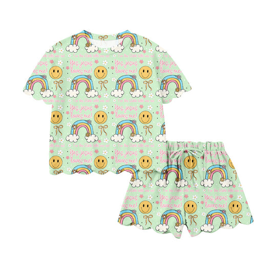 MOQ 5 PCS Preorder GSSO3283 Smiley Face Flower Rainbow Bow Green Short Sleeve Shorts Girls Sets 202601