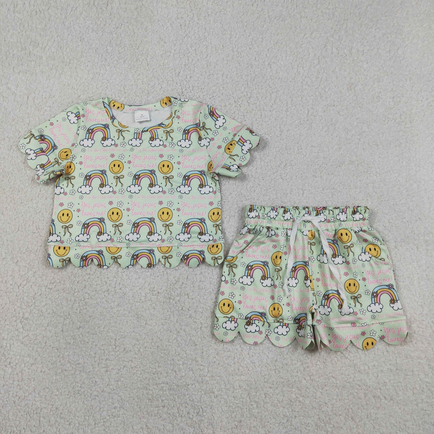 GSSO3283 Smiley Face Flower Rainbow Bow Green Short Sleeve Shorts Girls Sets 202604 RTS
