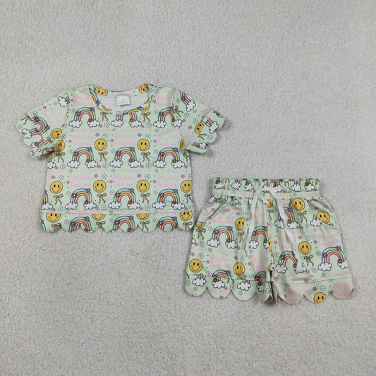 GSSO3283 Smiley Face Flower Rainbow Bow Green Short Sleeve Shorts Girls Sets 202604 RTS