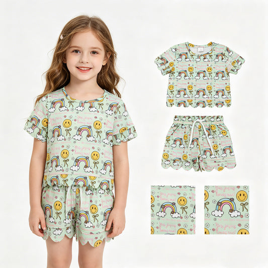 GSSO3283 Smiley Face Flower Rainbow Bow Green Short Sleeve Shorts Girls Sets 202604 RTS
