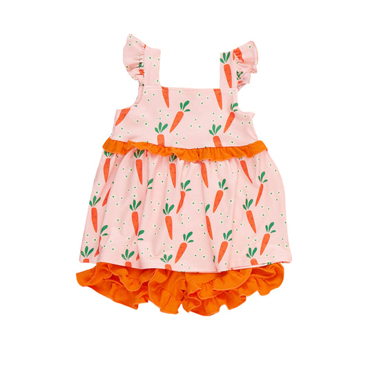 MOQ 5 PCS Preorder GSSO3284 Easter Carrots Pink Flying Sleeve Orange Ruffle Shorts Girls Sets 202601