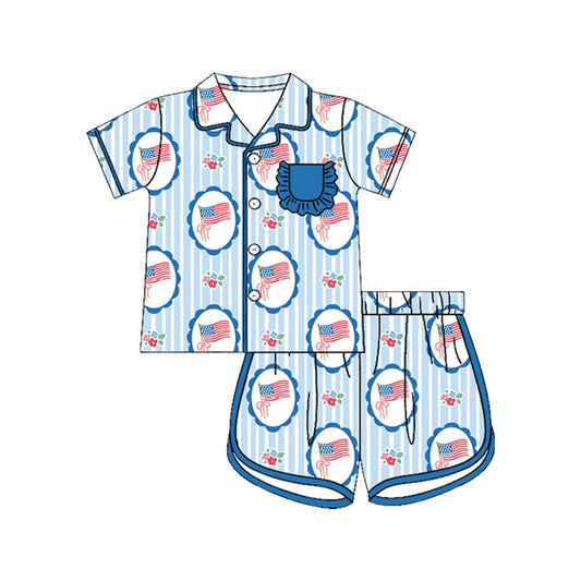 MOQ 5 PCS Preorder GSSO3287 4th of July Flag Flower Stripe Blue Polo Short Sleeve Shorts Girls Pajama Sets 202601