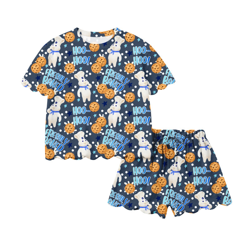 MOQ 30 PCS Preorder GSSO3288 Letter Cartoon Chef Cookie Blue Ruffle Short Sleeve Shorts Girls Sets 202601