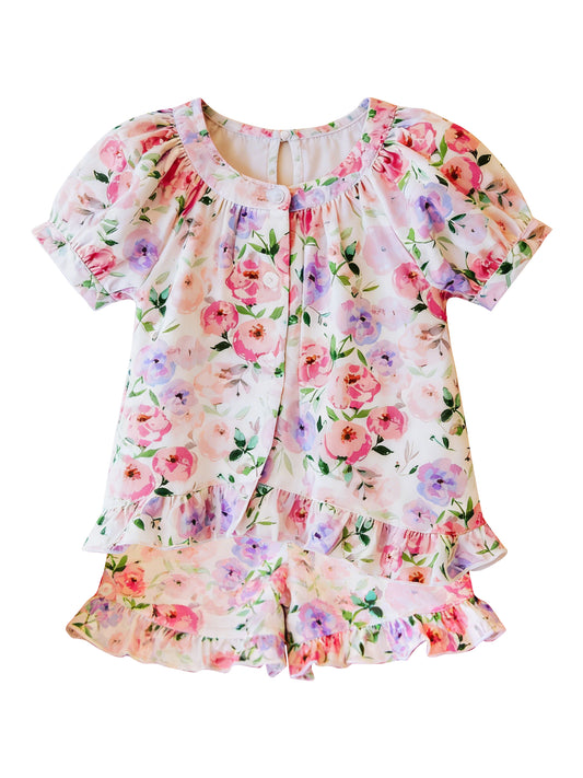 MOQ 5 PCS Preorder GSSO3291 Pink Purple Flower Short Sleeve Shorts Girls Sets 202601