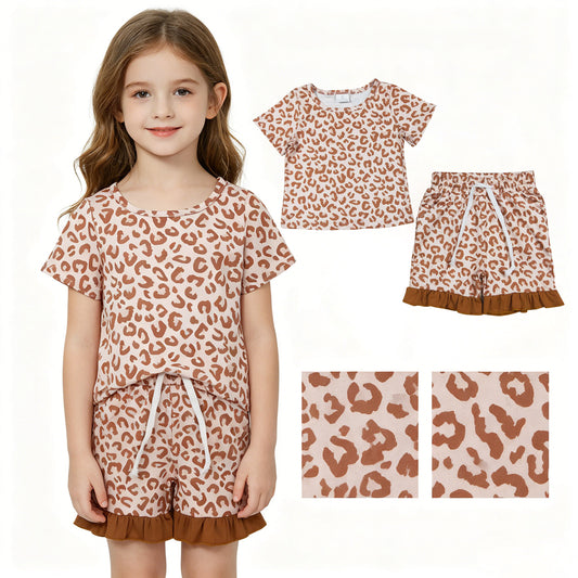 GSSO3292 Brown Leopard Short Sleeve Ruffle Shorts Girls Sets 202604 RTS