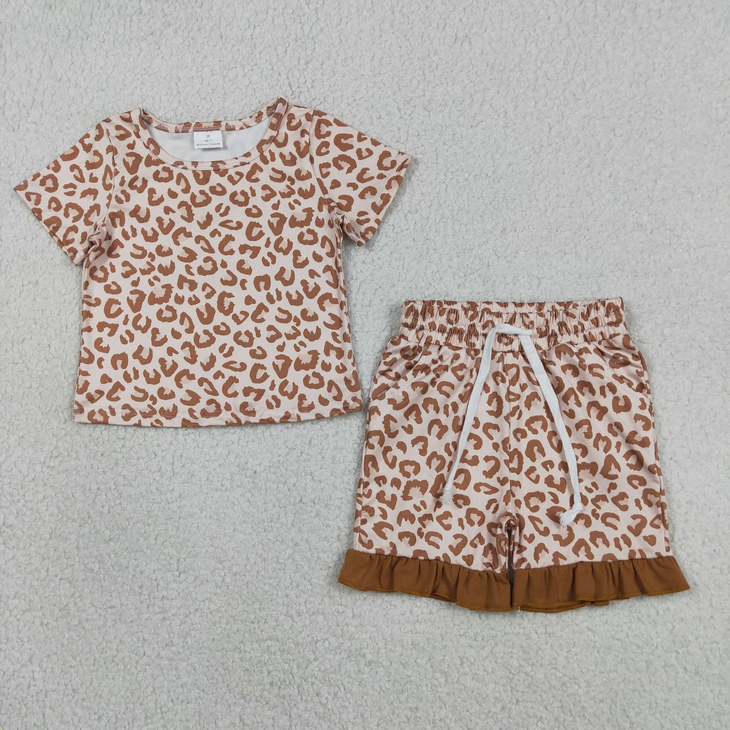 GSSO3292 Brown Leopard Short Sleeve Ruffle Shorts Girls Sets 202604 RTS