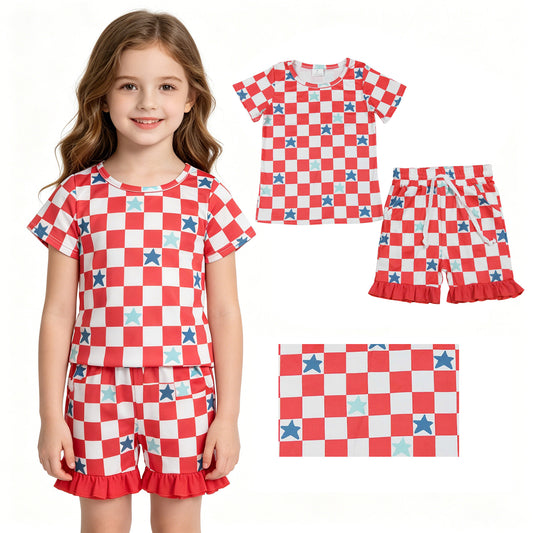 GSSO3293 Star Red Plaid Short Sleeve Ruffle Shorts Girls Sets 202605 RTS