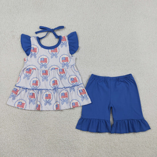 GSSO3296 4th of July Flag Bow Blue Flying Sleeve Shorts Girls Sets 202603 RTS