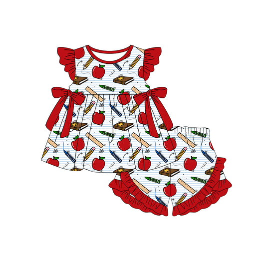MOQ 5 PCS Preorder GSSO3297 Back to School Apple Pencil Bow Red Flying Sleeve Shorts Girls Sets 202602