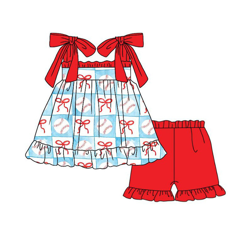 MOQ 5 PCS Preorder GSSO3298 Bows Baseball Red Ruffle Sleeveless Shorts Girls Sets 202601