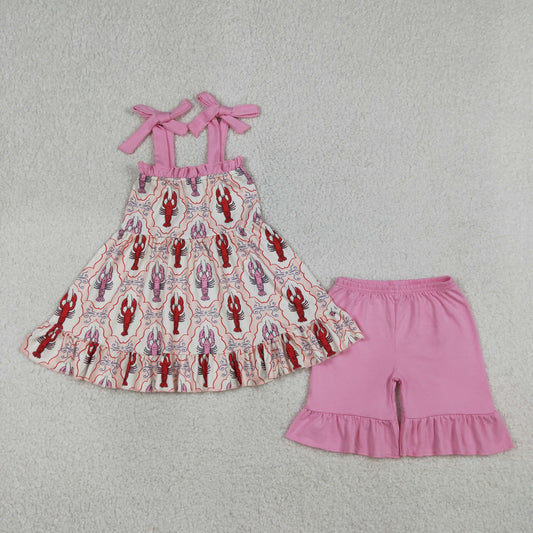Sibling Matching Clothes Crayfish Print Pink Ruffle Sleeveless Girls Outfit 202604 RTS