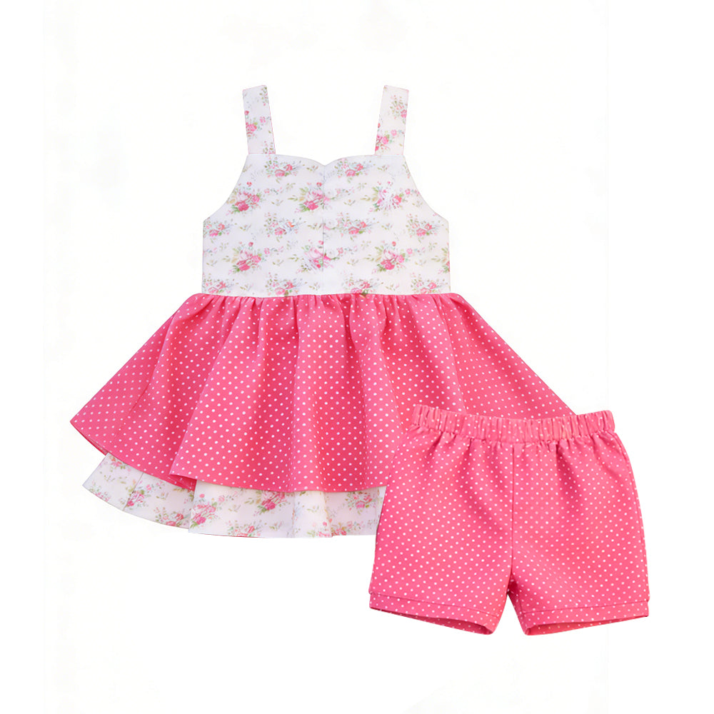 MOQ 5 PCS Preorder GSSO3302 Flower Dots Sleeveless Pink Shorts Girls Sets 202601