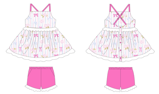 MOQ 5 PCS Preorder GSSO3304 Bows Flower Stripe Ruffle Sleeveless Purple Red Shorts Girls Sets 202601