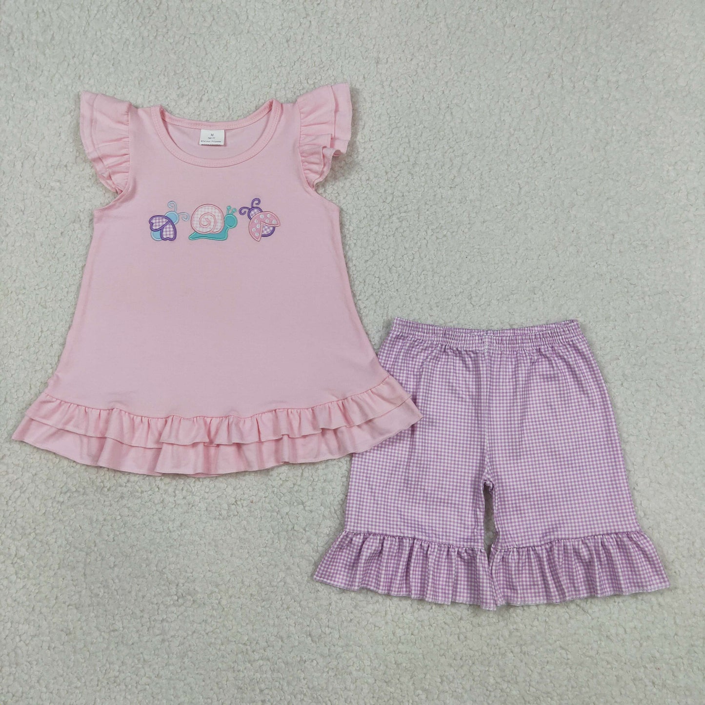 GSSO3305 Embroidered Snail Orange Pink Ruffle Flying Sleeve Shorts Girls Sets 202604 RTS